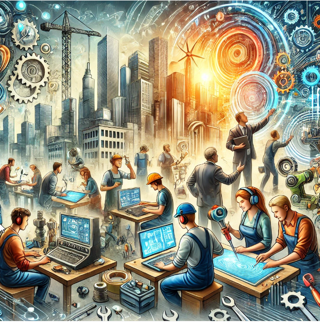 A vibrant, futuristic city scene with engineers, workers, and businesspeople collaborating using advanced technology, digital screens, gears, and blueprints, symbolizing innovation, teamwork, and urban development.
