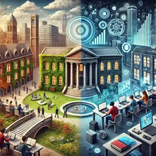 A split image showing a traditional university campus with students outside on the left, and a modern digital learning environment with people at computers and tech icons on the right, highlighting the contrast between classical and digital education.