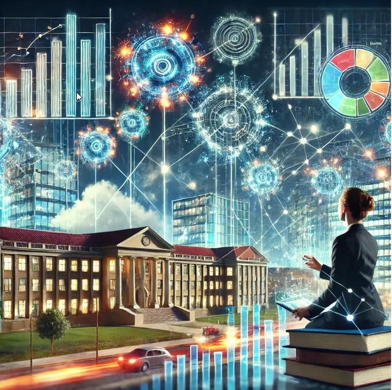 A woman sits on stacked books with a laptop, overlooking a university building. Digital graphs, charts, and network connections float above, blending academic and futuristic technology themes.