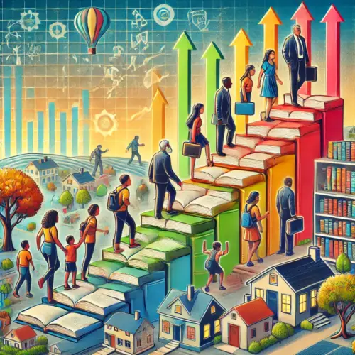 Illustration of diverse people climbing colorful staircases made of books, with arrows pointing upward, representing growth and success; houses, trees, and charts are in the background, symbolizing education and progress.