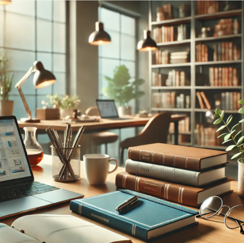 A cozy library or study space with stacks of books, a laptop, notebooks, a pen, coffee mug, eyeglasses, and desk lamps. Sunlight streams through large windows, and shelves filled with books line the back wall.