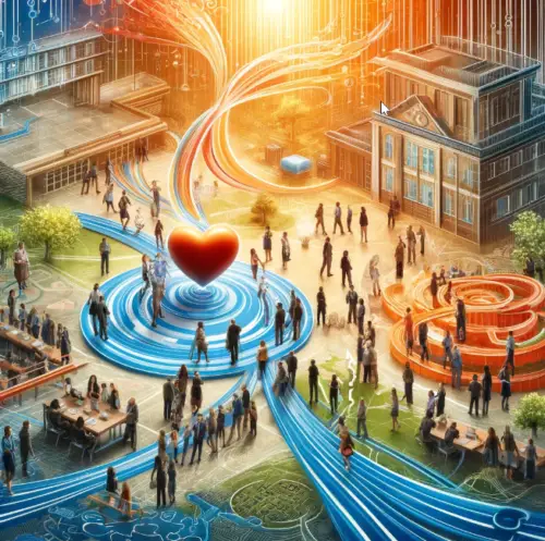 A vibrant digital artwork shows people gathering around a central heart symbol, with flowing blue and orange lines connecting buildings and groups, symbolizing community, connection, and technology in an energetic urban setting.