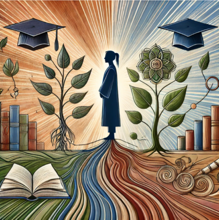 A silhouette of a graduate stands at the center, surrounded by books, plants with roots and leaves, graduation caps, and decorative scientific symbols on a vibrant, swirling background of blues and earthy tones.