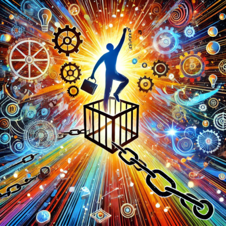 A silhouetted figure steps out of a broken cage, holding a briefcase and snapped chains, surrounded by vibrant gears, clocks, and bursts of light, symbolizing freedom and breaking free from constraints.