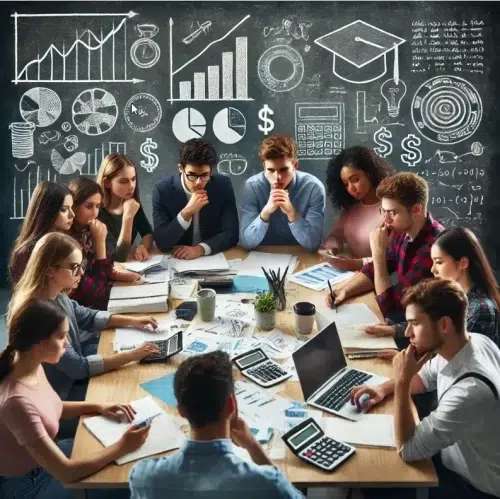 A group of students sit around a table with laptops, books, and calculators, collaborating on studies. Behind them is a chalkboard filled with financial graphs, charts, and academic doodles.