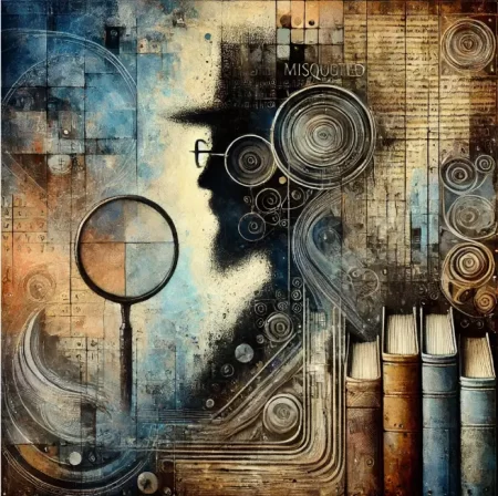 Abstract art featuring a dark human silhouette in profile with glasses, spiral patterns, books, and a magnifying glass, evoking themes of knowledge, research, and intellectual pursuit in blue, brown, and beige tones.