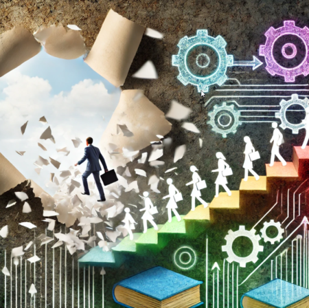 A person in a suit breaks through a wall to a bright sky, followed by others climbing colorful steps. Gears, arrows, and books symbolize progress, teamwork, and learning in a dynamic, creative setting.