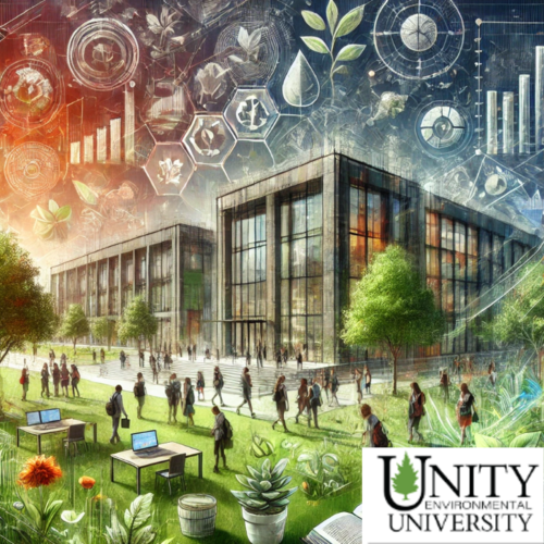 Students walk outside a modern university building surrounded by greenery. Various scientific and environmental icons are overlaid. The logo in the corner reads Unity Environmental University.