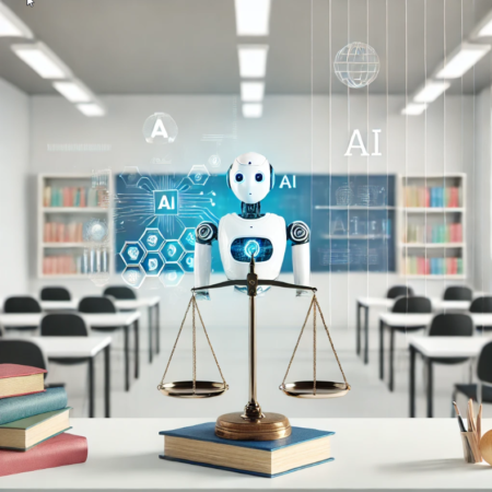 A humanoid robot stands behind a set of balancing scales and stacked books in a modern classroom, with digital “AI” graphics and diagrams projected in the background. Rows of empty desks and bookshelves are visible.