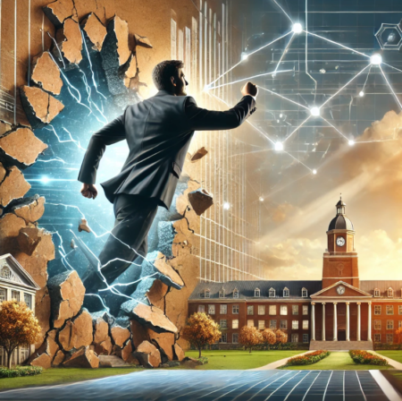 A man in a suit breaks through a cracked wall into a scene with a university campus and clock tower, as digital networks and glowing connections appear in the sky above.