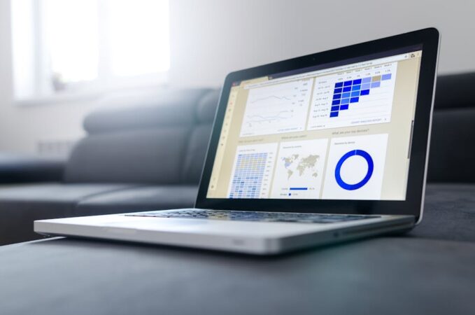 A laptop displaying various data visualizations and charts, including line graphs, a heatmap, a world map, and a pie chart, is placed on a gray couch in a bright room.