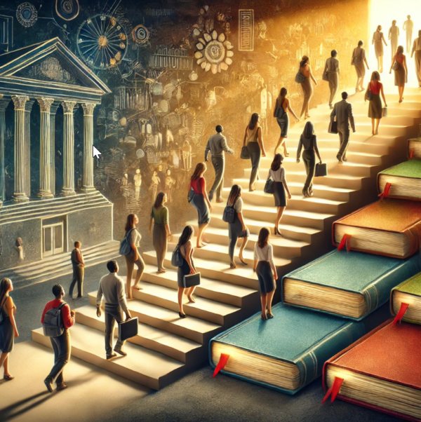 A group of people climb stairs made of books toward a bright light, passing symbols of education and knowledge, with a classical building on the left and images of gears and formulas in the background.