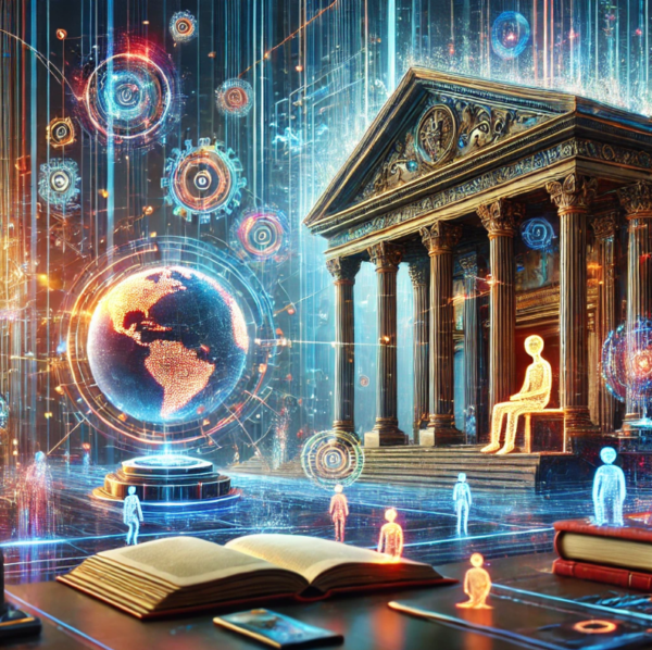 A glowing globe and digital icons float near a classical building with columns. Holographic human figures and open books suggest a blend of technology, knowledge, and history in a vibrant, futuristic setting.
