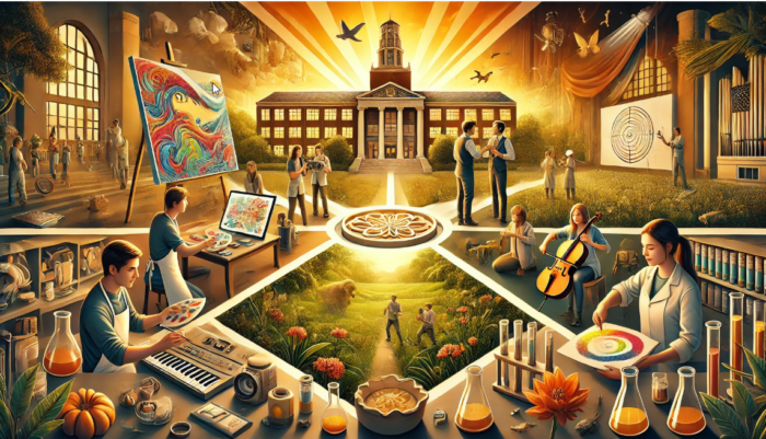 Vibrant scene of students engaging in science, art, and music activities on a lively university campus at sunrise, with a grand building centered and people working, painting, and playing instruments in foreground labs and studios.