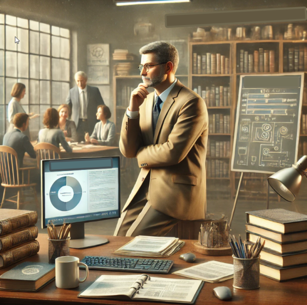 A man in a suit stands thoughtfully in a book-filled office, surrounded by documents and a computer displaying charts. In the background, people have a meeting, and a chalkboard with diagrams is visible. The scene looks vintage yet professional.