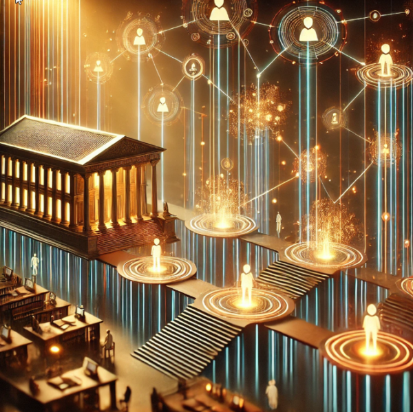 A digital illustration of a classical government building surrounded by glowing human icons connected by lines, symbolizing a networked society and technology integration with governance.