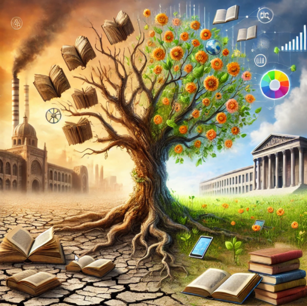 A tree with books for leaves stands between a polluted, barren factory landscape and a vibrant, green academic building, symbolizing the transformative power of education and knowledge through contrasting environments.