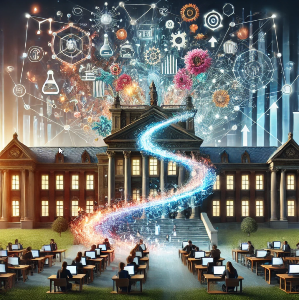 Students work on computers outside a grand university building, with a swirling stream of light connecting them to floating scientific icons and colorful graphics representing knowledge and innovation above the building.