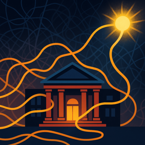 A dark building with columns is illuminated by glowing orange lines that connect it to a bright, shining sun in the corner, set against a tangled, dark background.