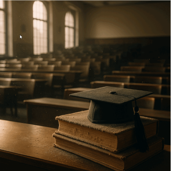 A graduation cap rests on two old books atop a desk in an empty classroom with wooden desks and large windows letting in soft light.