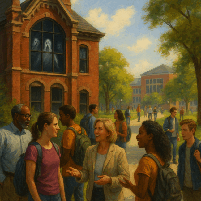 Students and teachers converse outside a brick school building on a sunny day, with two ghostly figures visible in a window above, blending an ordinary campus scene with a hint of the supernatural.
