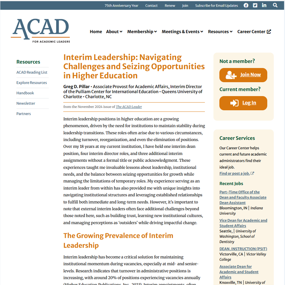 Screenshot of an article titled Interim Leadership: Navigating Challenges and Seizing Opportunities in Higher Education from the ACAD website, with navigation links on the left and call-to-action buttons on the right.