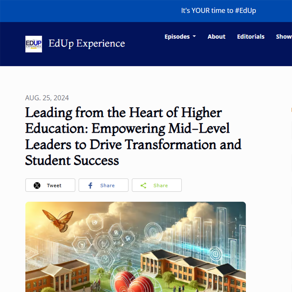 A webpage titled Leading from the Heart of Higher Education features an article about empowering mid-level leaders, with a header image showing hands holding a glowing brain and digital network graphics above open books.