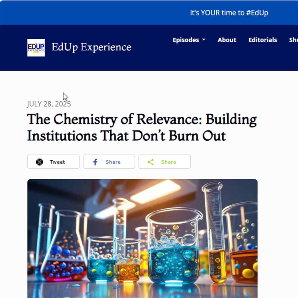 A website article titled The Chemistry of Relevance: Building Institutions That Don’t Burn Out shows colorful chemical beakers and flasks in a laboratory setting. The article is dated July 28, 2025.