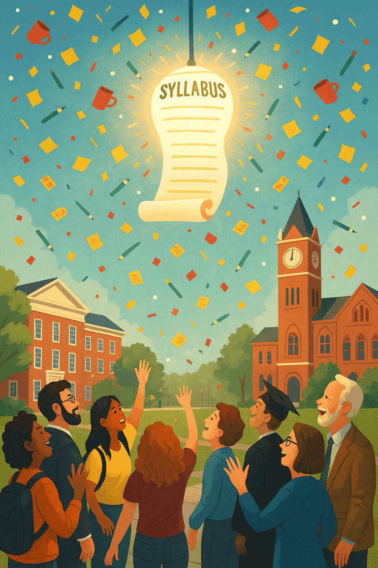 A diverse group of happy students and teachers reach toward a glowing scroll labeled SYLLABUS, surrounded by flying confetti, cups, and pencils, with university buildings and a clocktower in the background.