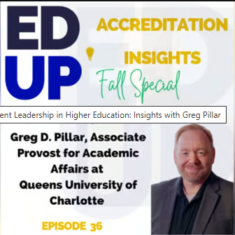 A promotional graphic for the EDUP Accreditation Insights Fall Special podcast, featuring Greg D. Pillar, Associate Provost at Queens University of Charlotte, Episode 36. A portrait of Greg D. Pillar is included.