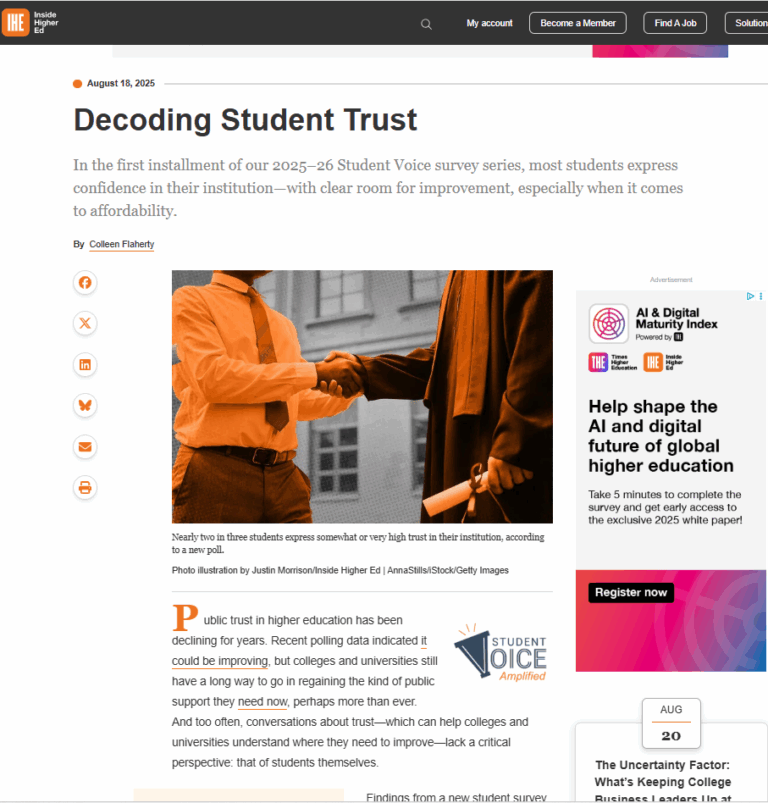 Screenshot of an article titled Decoding Student Trust, featuring a header image of two people shaking hands. The article discusses student trust and affordability in higher education. Various logos and website navigation elements are visible.