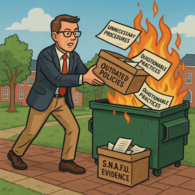 A man in business attire throws boxes labeled “Outdated Policies,” “Unnecessary Procedures,” and “Questionable Practices” into a flaming dumpster. Papers labeled “S.N.A.F.U. Evidence” lie on the ground nearby.