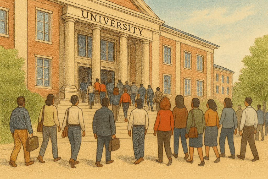 A diverse group of people walk up the steps toward the entrance of a large brick university building with columns and a sign that reads UNIVERSITY above the doorway.