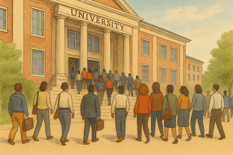 A diverse group of people walk up the steps toward the entrance of a large brick university building with columns and a sign that reads UNIVERSITY above the doorway.