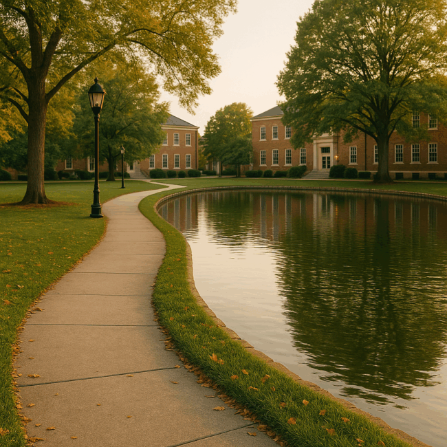 A curved sidewalk runs beside a calm pond, bordered by green grass and large trees. Classic brick academic buildings are visible in the background under a soft, warm light.