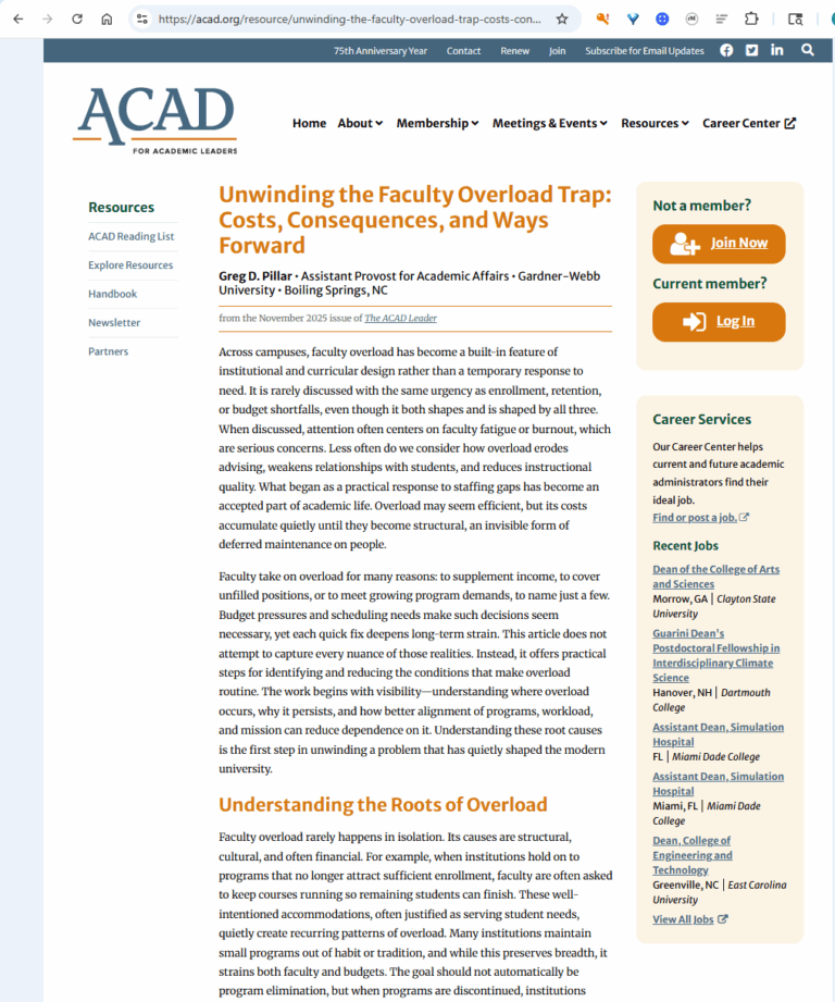 Screenshot of an ACAD article titled Unwinding the Faculty Overload Trap: Costs, Consequences, and Ways Forward by Grego J. Pillar, discussing faculty overload issues. The page includes navigation menus and a sidebar with resources.