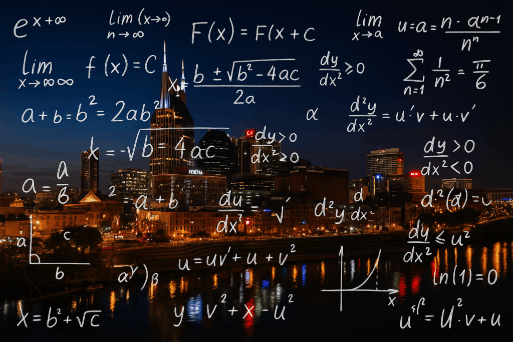 A city skyline at night with skyscrapers lit up, overlaid with various mathematical equations and formulas written in white, creating a contrast between urban scenery and abstract math concepts.