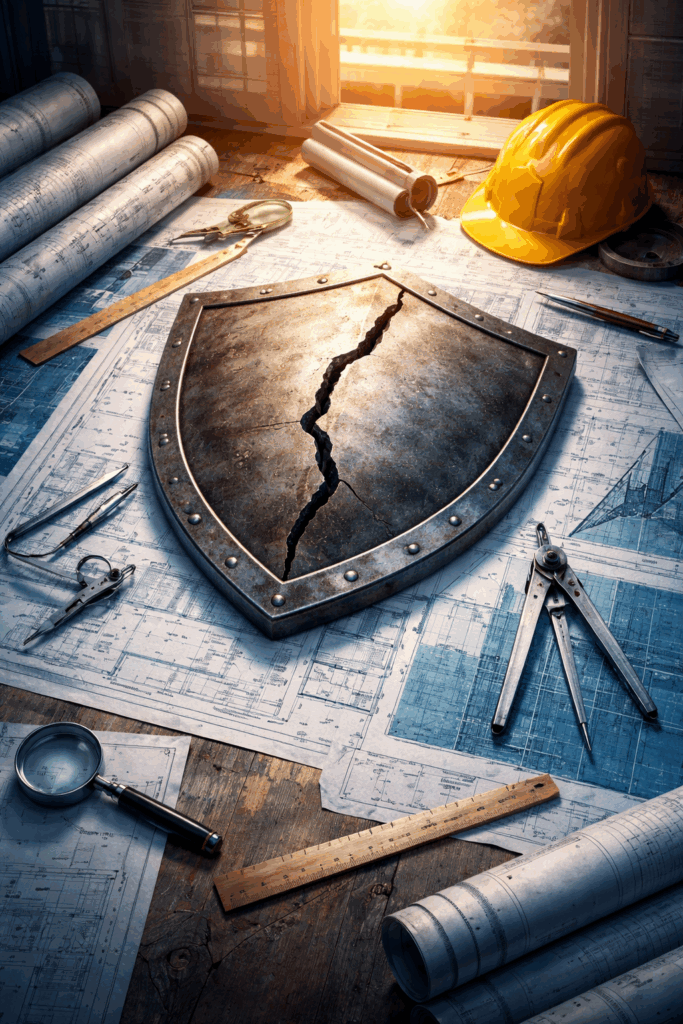 A cracked metal shield lies on top of blueprints surrounded by construction tools, a ruler, magnifying glass, and a yellow hard hat in warm sunlight, suggesting vulnerability in building plans or safety.