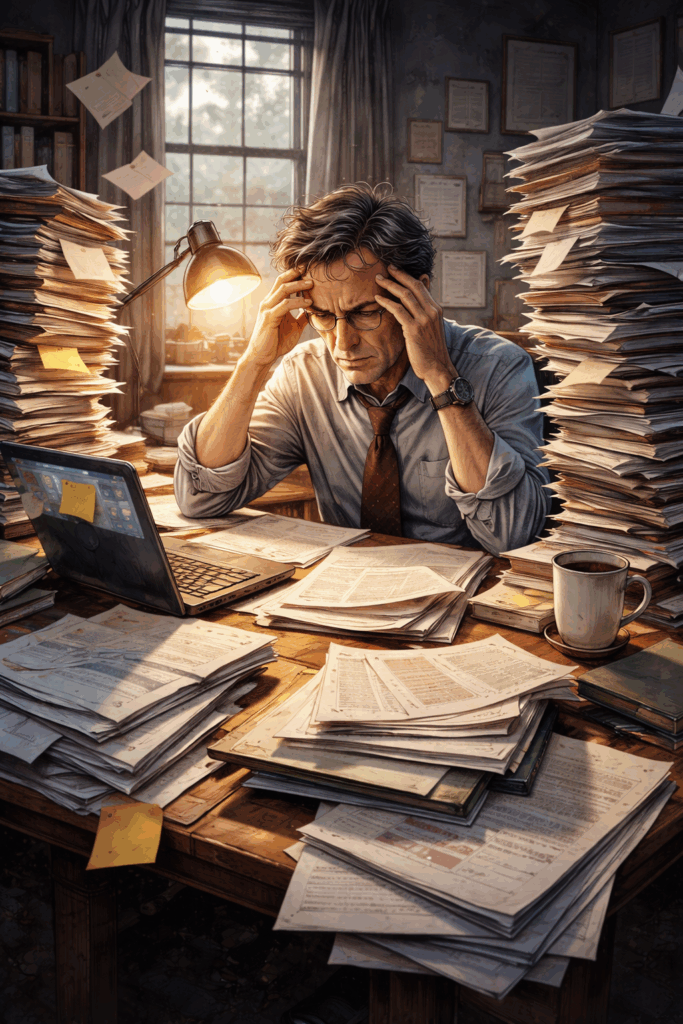 A stressed man in an office sits at a cluttered desk covered with paperwork, holding his head in frustration while looking at a laptop. Stacks of documents surround him, and a lamp shines on the work.