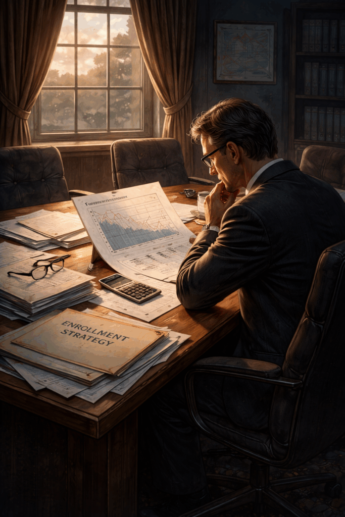 A man in a suit studies a financial chart at a desk covered with papers, folders labeled Enrollment Strategy, a calculator, and glasses, with warm sunlight streaming through a window in a cozy office.