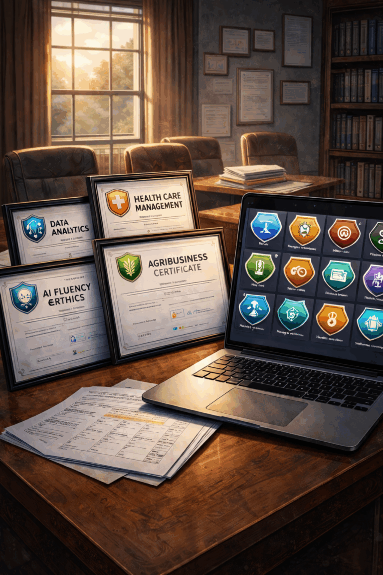 A laptop on a desk displays colorful digital badges. Nearby, framed certificates in Data Analytics, Health Care Management, AI Fluency Ethics, and Agribusiness are arranged. Papers and books are also on the desk, with a window in the background.