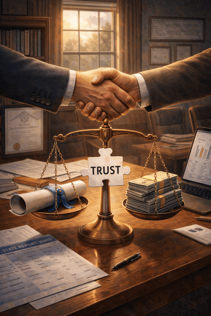 Two people shake hands over a desk with a scale balancing a stack of money and a rolled contract. The center of the scale displays a puzzle piece labeled TRUST. Office documents and a laptop are visible in the background.