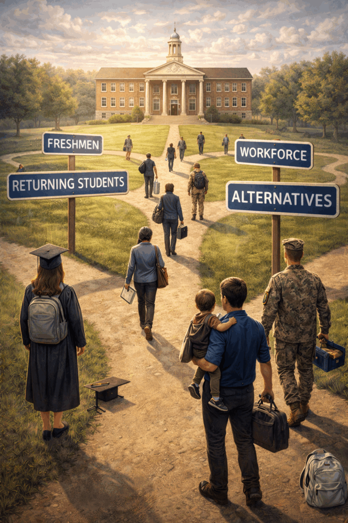 A diverse group of people walk toward a university with signposts labeled Freshmen, Returning Students, Workforce, and Alternatives, representing different educational and career paths.