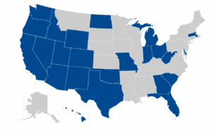 A map of the United States with 18 states shaded in blue and the remaining states in gray. Blue states are spread across the Midwest, West, South, and Northeast. No state names or key is shown.