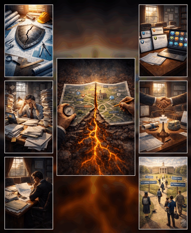 A collage shows legal and business scenes: a cracked shield, stressed workers, documents, a shaking handshake labeled trust, people choosing paths, and a map split by a fiery chasm, symbolizing division or conflict.