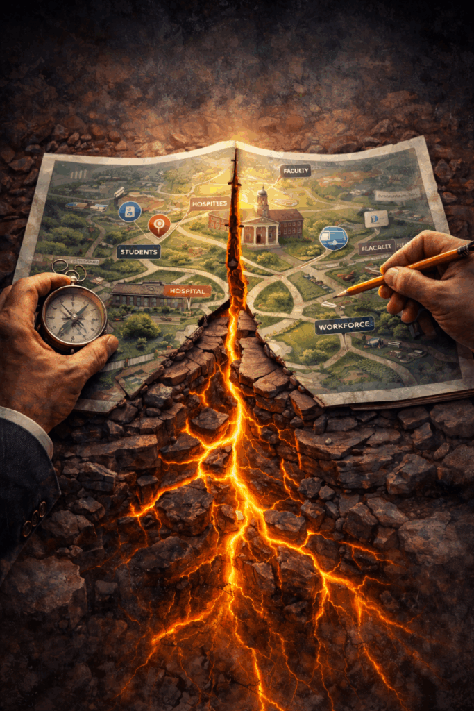 A map showing a college campus splits with a glowing crack; one hand holds a compass, the other a pencil. Campus icons for students, faculty, hospital, and workforce are visible, symbolizing division and disruption.
