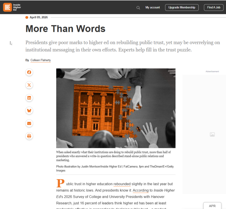 A webpage titled More Than Words features an image of hands assembling a pixelated puzzle of a building. Orange and gray tones dominate the article, which discusses public trust in higher education.