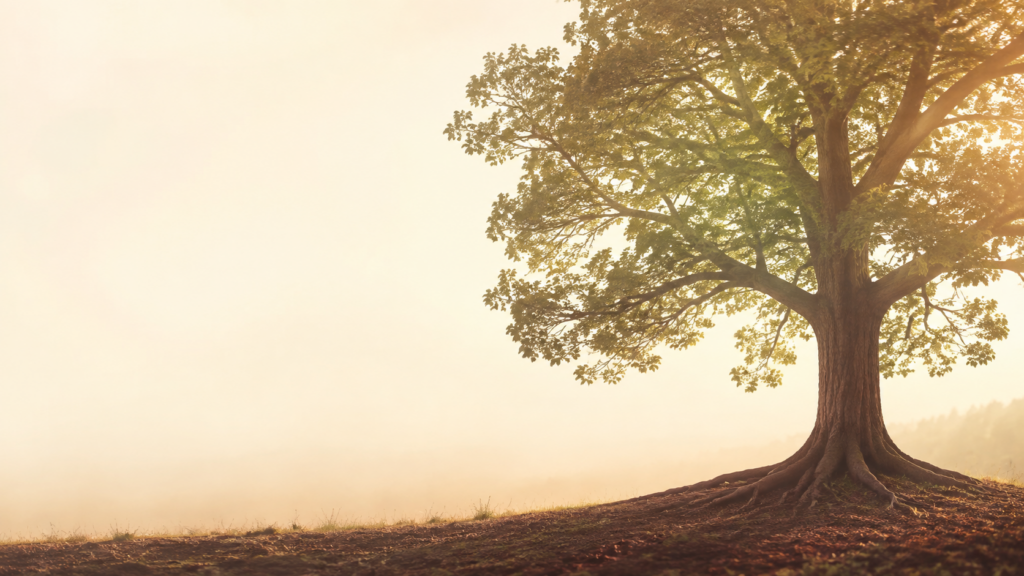 A large tree with spreading branches stands on a grassy hill at sunrise, with sunlight streaming through its leaves and the background softly blurred.