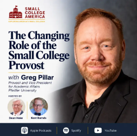 Podcast graphic for The Changing Role of the Small College Provost with host Greg Pillar and guests Dean Hoke and Kent Barnds, featuring the Small College America logo and links to Apple Podcasts, Spotify, and YouTube.