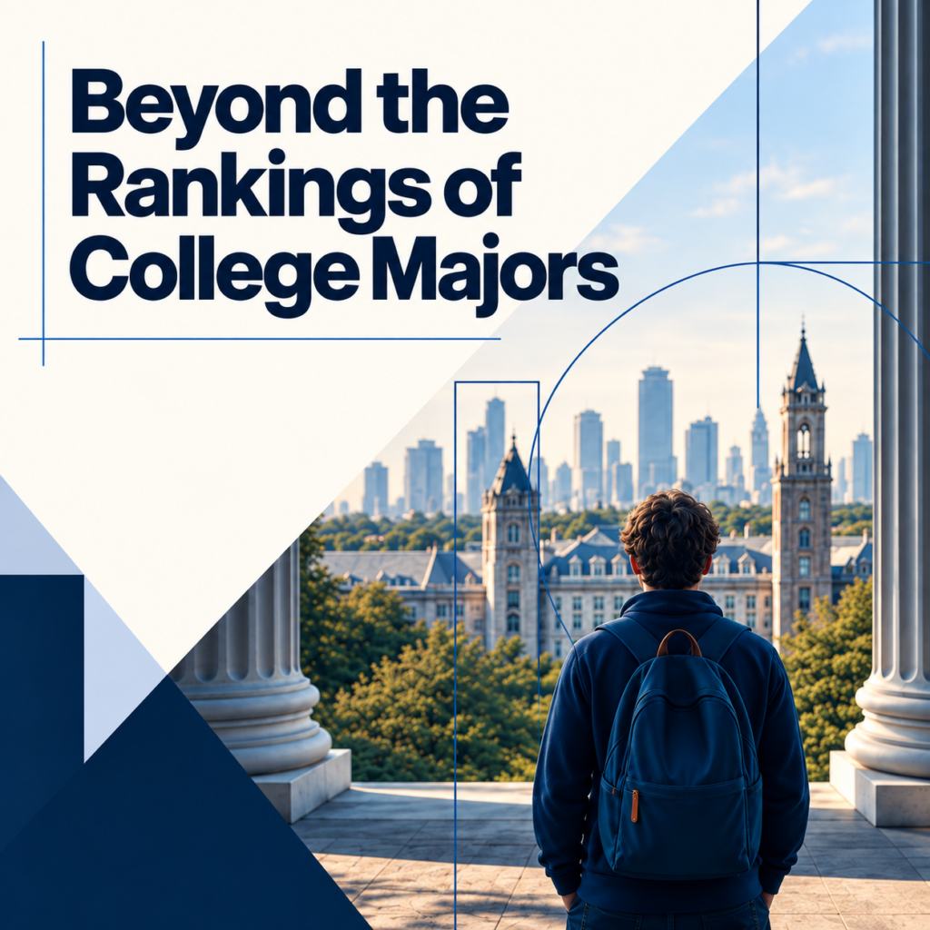 A student with a backpack stands on a balcony overlooking a university campus and city skyline, with text reading Beyond the Rankings of College Majors.